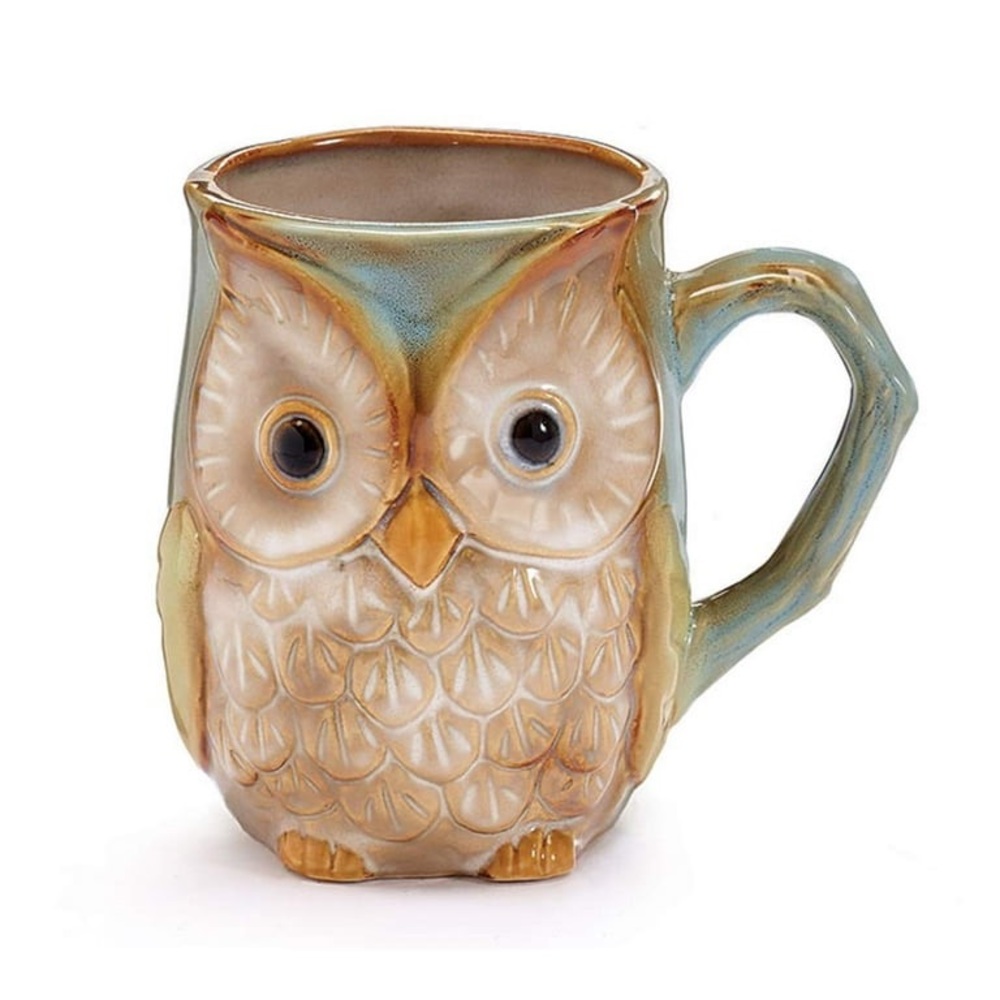 Burton & Burton Owl Mug Blue Cream 12oz Glossy Textured Ceramic Pottery